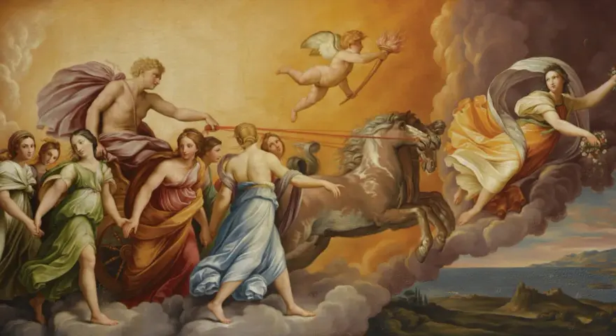Scena inspirowana mitem o narodzinach świata wg Parandowskiego: Apollo na rydwanie, zaprzężonym w konie, prowadzi kobiety. Amor z pochodnią.