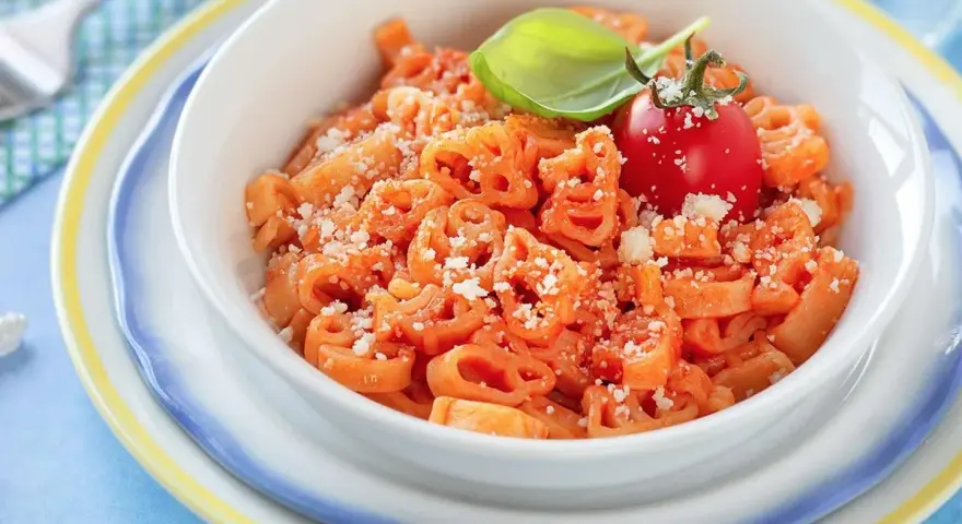 Makaron w kształcie zwierzątek z sosem pomidorowym, posypany parmezanem, udekorowany pomidorkiem i bazylią.