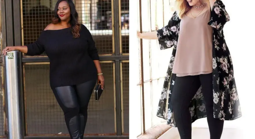 Deux femmes portent une tenue avec legging noir. L'une est en pull noir épaules dénudées, l'autre en top nude et kimono fleuri.