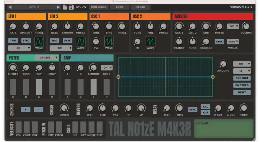 Interfejs syntezatora TAL-NoiseMaker, jednego z najlepszych synth VST, z pokrętłami LFO, oscylatorów, filtrów i efektów.