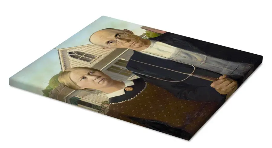 Ikoniczny obraz "American Gothic" przedstawia parę farmerów przed domem w stylu wiktoriańskim. Mężczyzna trzyma widły.