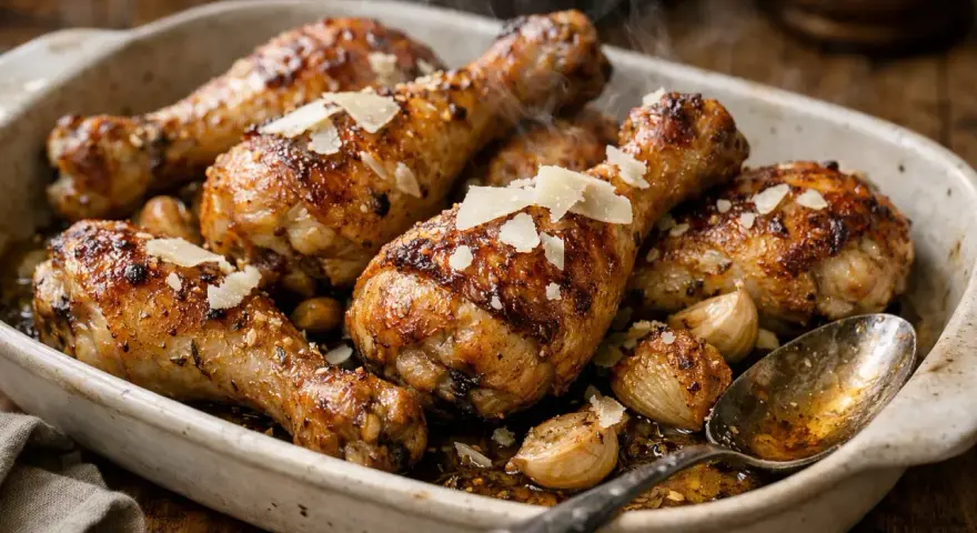 Délicieux pilons de poulet rôtis, parsemés de copeaux de parmesan et accompagnés d'ail confit, fumant dans un plat en céramique.