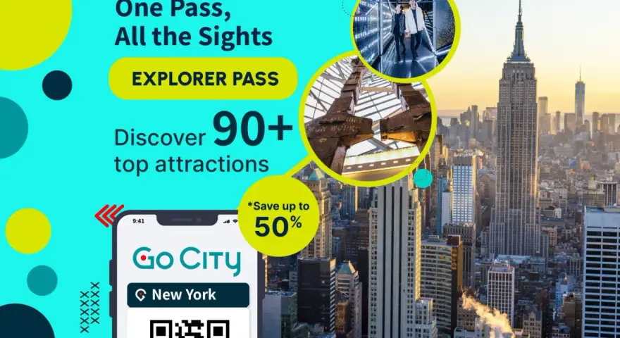 New York skyline with Empire State Building, phone showing Go City app, and circular images of attractions.