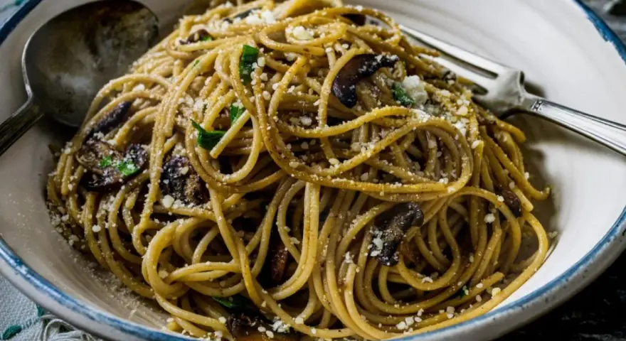 Makaron spaghetti z grzybami i parmezanem, posypany natką pietruszki. Pyszne danie gotowe do spożycia.