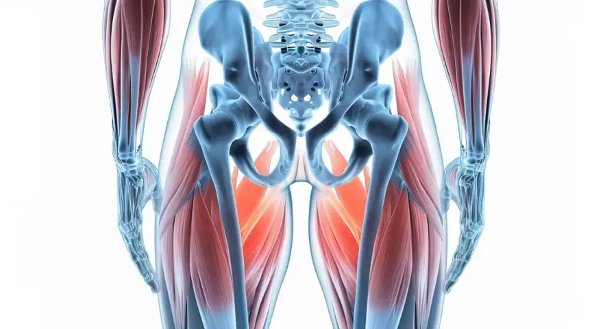 Anatomia miednicy i ud, pokazująca mięśnie. Dowiedz się, jak ćwiczyć mięśnie Kegla u mężczyzn, wzmacniając te kluczowe partie.