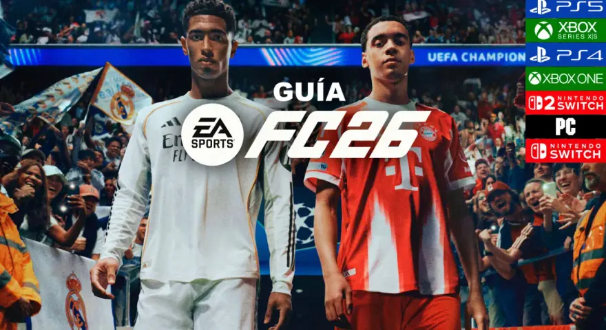 Dos futbolistas, uno con camiseta del Real Madrid y otro del Bayern Múnich, posan ante una multitud. El logo de EA SPORTS FC 26 aparece en grande.