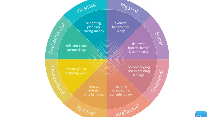 A wheel diagram shows eight dimensions of well-being: Financial, Physical, Social, Emotional, Intellectual, Spiritual, Occupational, and Environmental. These areas offer paths to be calm.