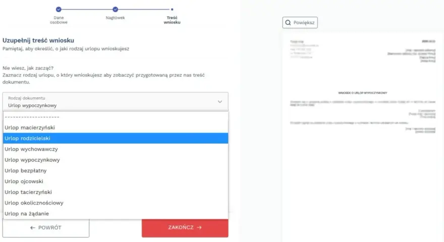 Wybieram rodzaj wniosku: urlop bezpłatny. System podpowiada treść dokumentu.