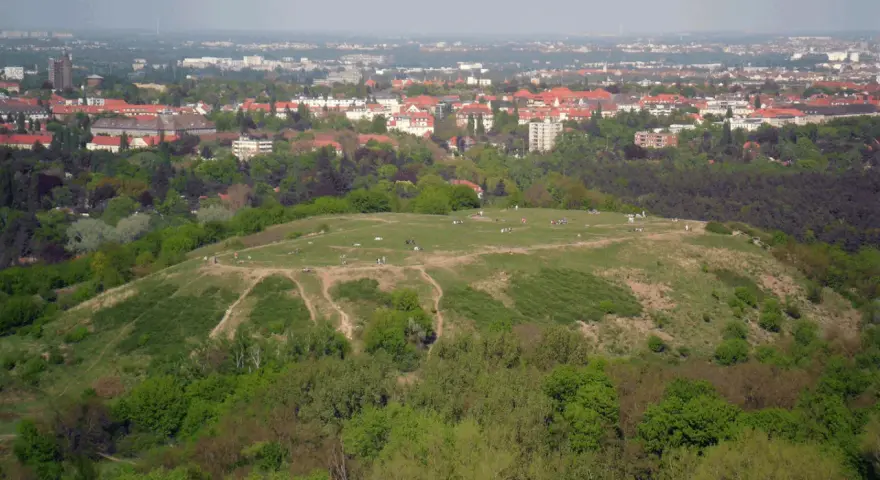 Blick vom Aussichtspunkt Drachenberg auf eine grüne Hügellandschaft mit Spaziergängern und der Stadt im Hintergrund.