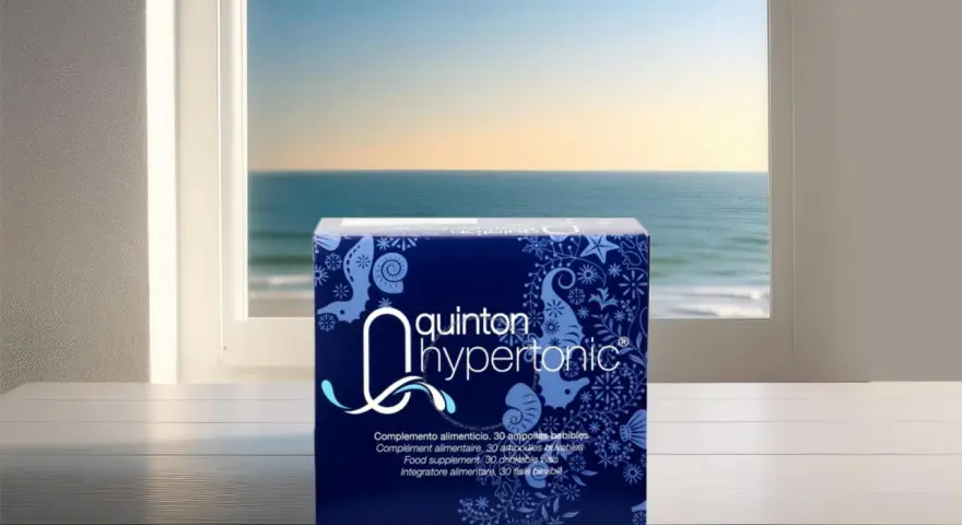 Boîte de Quinton Hypertonic, complément alimentaire, avec une composition marine. La vue sur la mer par la fenêtre évoque la pureté de l'eau de Quinton.