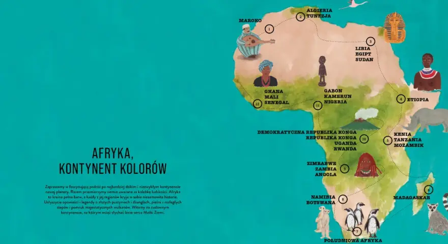 Ilustracja mapy Afryki z zaznaczonymi krajami i wizerunkami ludzi, zwierząt i zabytków. Widać tu m.in. plemiona afrykańskie, faraona, nosorożca i pingwiny.