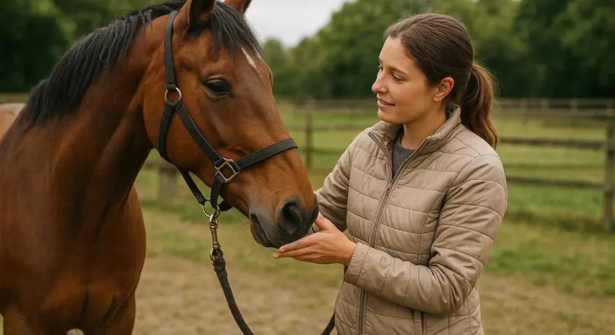 Une cavalière caresse un cheval brun, un moment de complicité qui témoigne d'un bon niveau équitation.