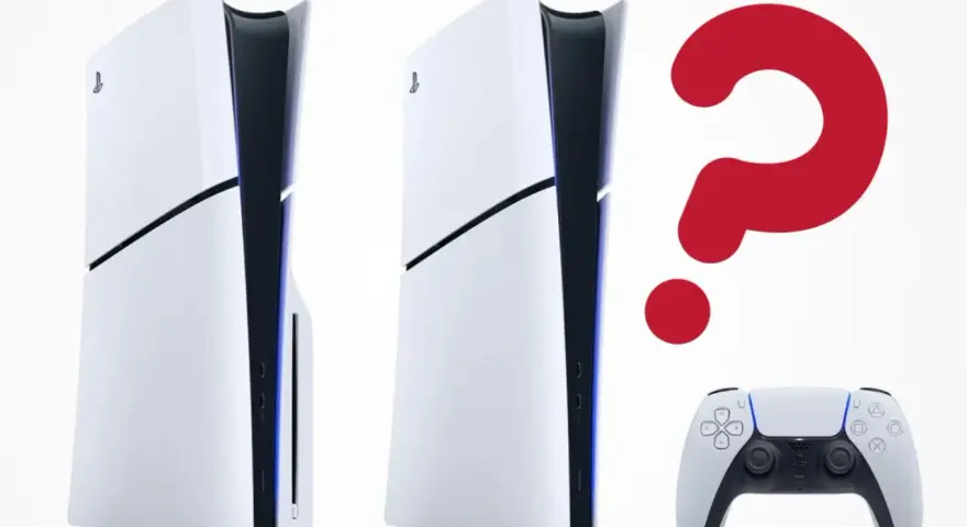 Dwie konsole PS5 i kontroler, obok czerwonego znaku zapytania. Czy PS5 może leżeć?