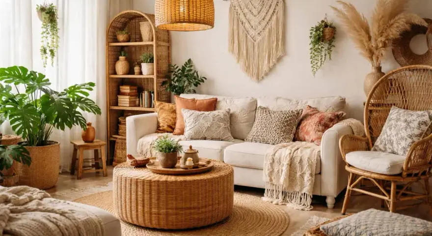 Przytulny salon w stylu boho: plecione meble, mnóstwo roślin i makrama na ścianie tworzą relaksującą atmosferę.
