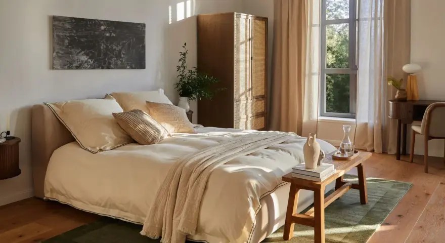 Habitación serena con cama beige, armario de madera y ventana con cortinas. Ideas decoracion habitacion: arte abstracto, plantas y luz natural.