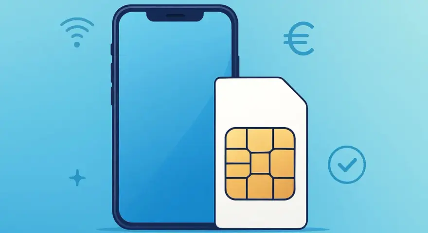 Smartphone und SIM-Karte vor blauem Hintergrund mit Icons für WLAN, Euro und Haken.