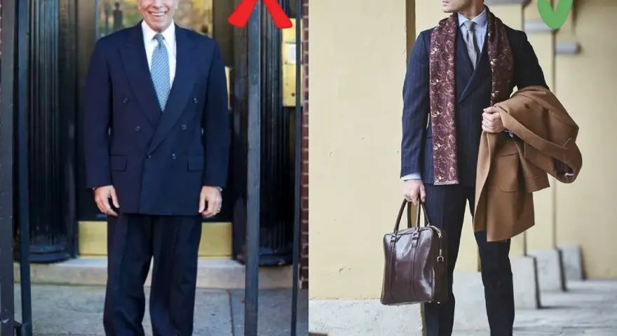Elegancki mężczyzna w garniturze i szalu, z płaszczem w ręku, prezentuje nowoczesny styl marynarski. Obok nieudany przykład.