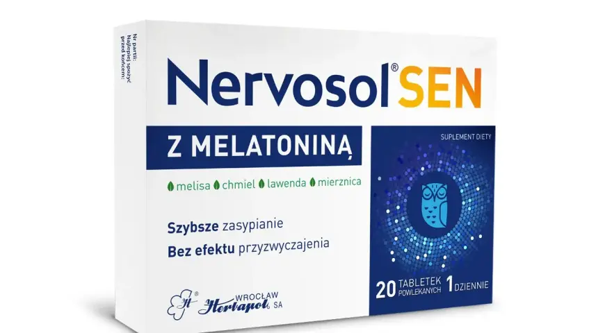 Opakowanie Nervosol SEN z melatoniną, melisą, chmielem i lawendą. Wspiera szybsze zasypianie.