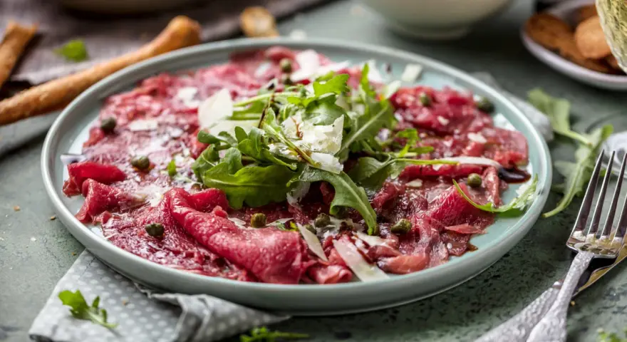 En tallrik med tunt skivad råbiff, toppad med ruccola, parmesan och kapris. Perfekt vin till carpaccio.