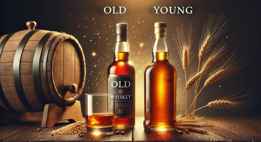 Holzfass, Gerste und Flaschen zeigen, aus was wird Whisky gemacht. Ein Glas mit bernsteinfarbener Flüssigkeit steht bereit.