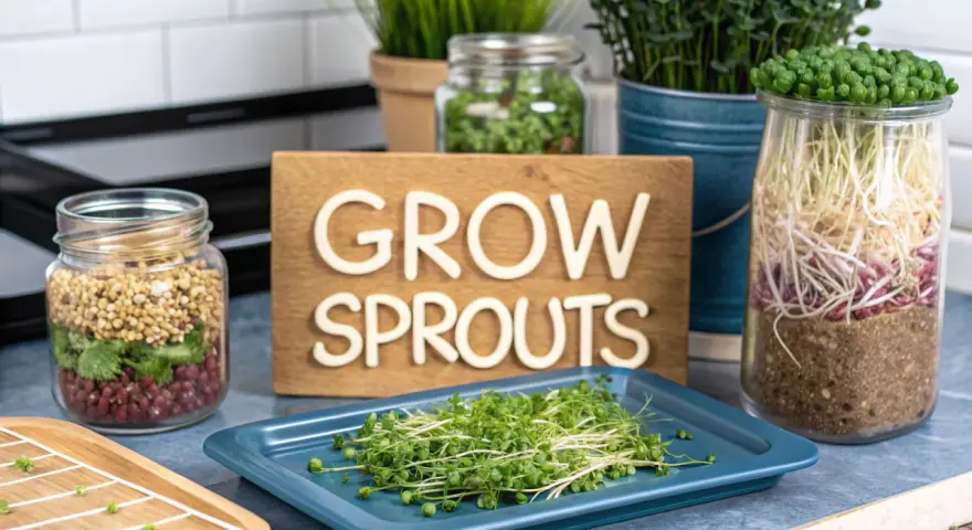 Freshly grown sprouts are displayed on a blue tray, with jars of seeds and growing sprouts in the background. The sign "GROW SPROUTS" is visible.