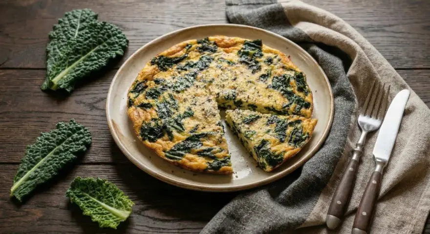 Frittata con cavolo nero, un piatto rustico e saporito, pronto per essere gustato. Accanto, foglie fresche di cavolo nero e posate d'argento.