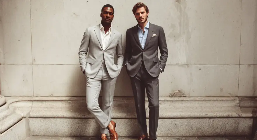 Due uomini eleganti in abito grigio uomo, uno con camicia bianca, l'altro con camicia azzurra. Scarpe marroni completano il look.
