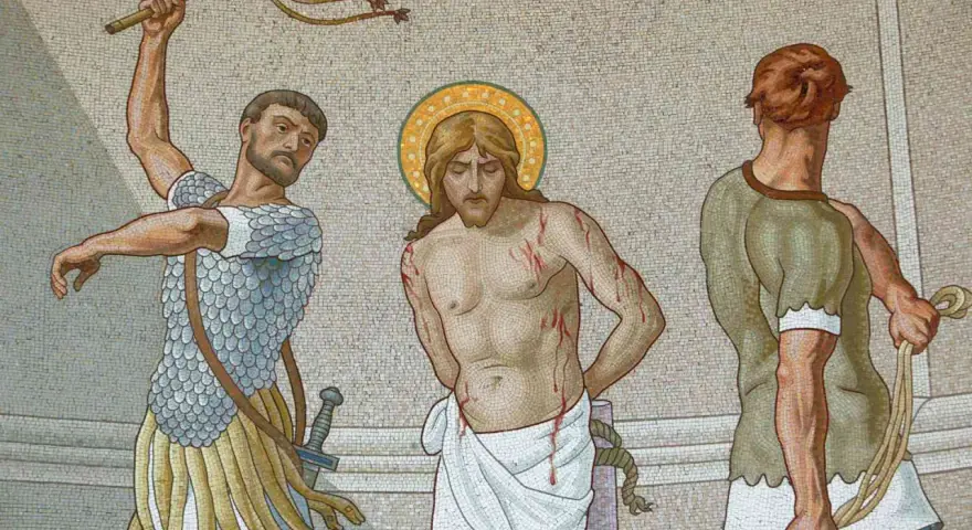 Mosaic depicts Jesus, bleeding from scourging, with two men preparing to inflict more pain. The sangre de cristo is evident.