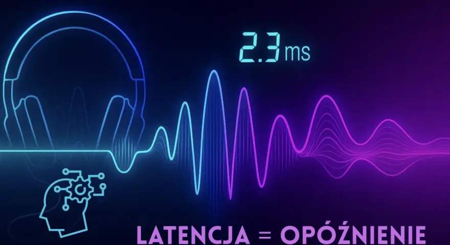 Słuchawki i wykres fali dźwiękowej. 2.3 ms to czas reakcji, czyli latencja co to jest.