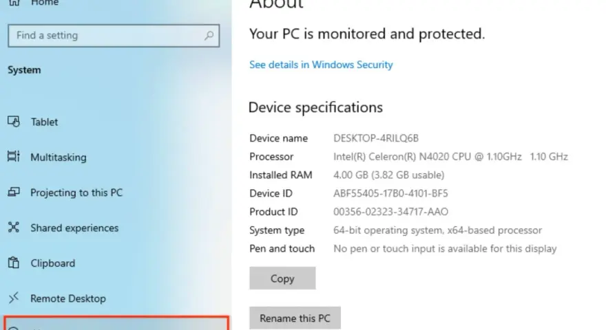 Szczegółowe właściwości komputera: nazwa DESKTOP-4RILQ6B, procesor Intel Celeron N4020, 4 GB RAM.
