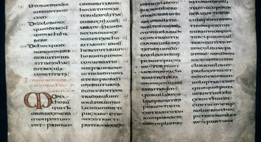 Ancient manuscript page with Latin text, likely a summary of St. Benedict's Rules, featuring ornate initial letters.