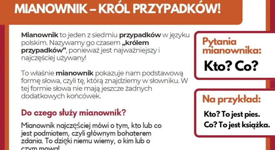 Mianownik, król przypadków, odpowiada na pytania "Kto? Co?". Pokazuje podstawową formę słowa, np. "pies", "książka".