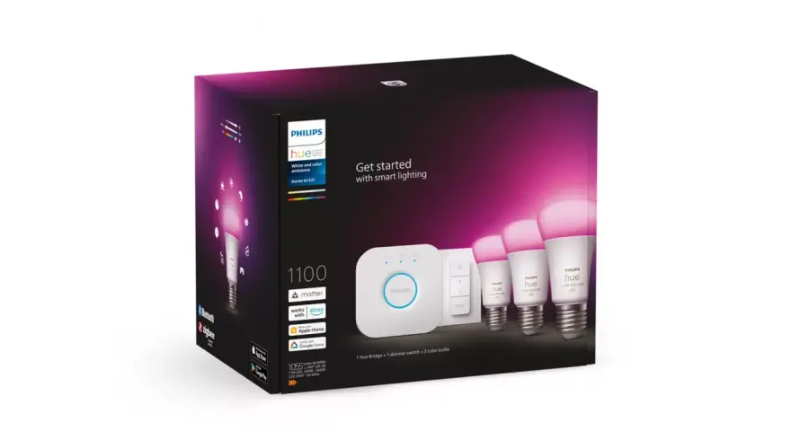 Philips Hue-paket med brygga, dimmer och tre färgade ljus. Styr belysningen enkelt, även med en Philips Hue timer.