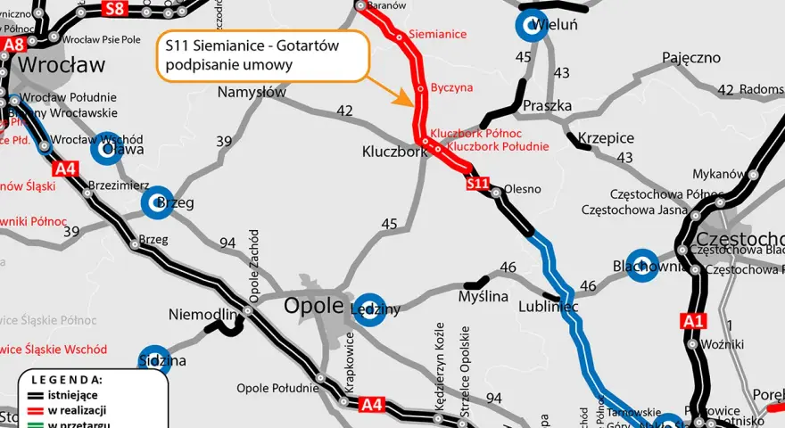 Mapa drogowa z zaznaczonym odcinkiem S11 Siemianice - Gotartów w realizacji. Widoczne są drogi krajowe i autostrady.