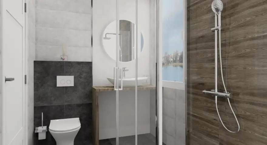 Nowoczesna łazienka z białym WC, umywalką i prysznicem z drewnianą ścianą.