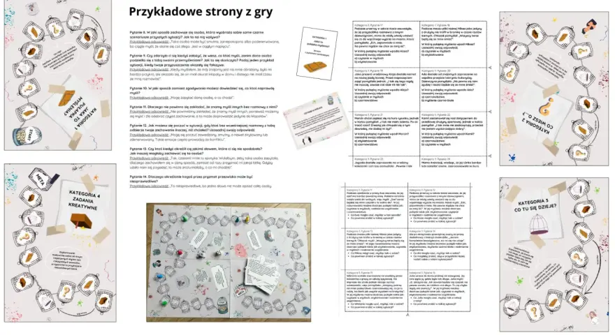 Gra planszowa z pytaniami o pułapki myślenia, np. czytanie w myślach. Plansza zawiera klatki z pytaniami i ilustracje.