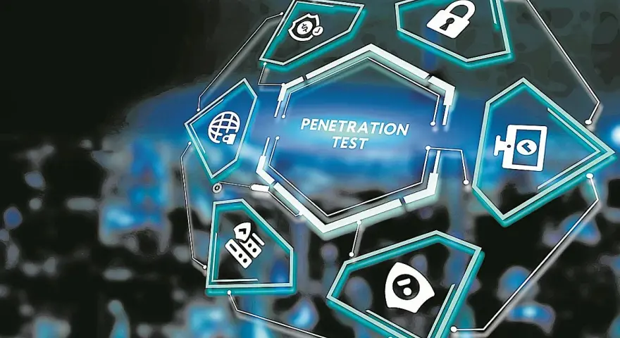 Diagrama de un curso pentesting con iconos de seguridad, candado y globo terráqueo.