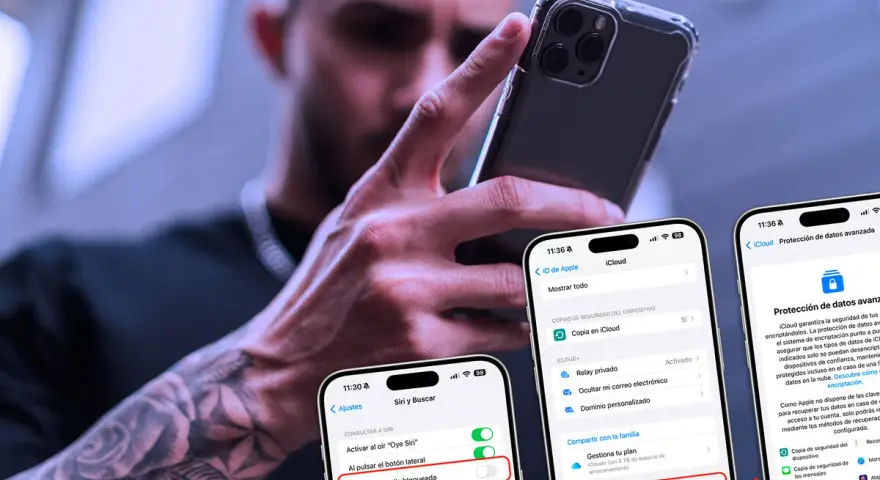 Un hombre con tatuajes manipula un iPhone, mostrando opciones de seguridad y "Protección de datos avanzada", sugiriendo un posible hackeo de iPhone.