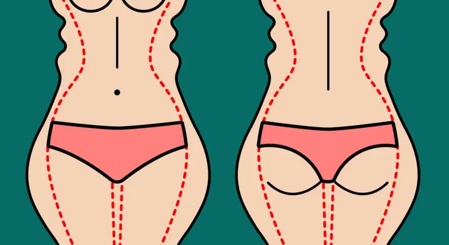 Ilustracja pokazuje sylwetki z zaznaczonymi liniami, sugerującymi zabieg. Warto znać liposukcja kawitacyjna przeciwwskazania.