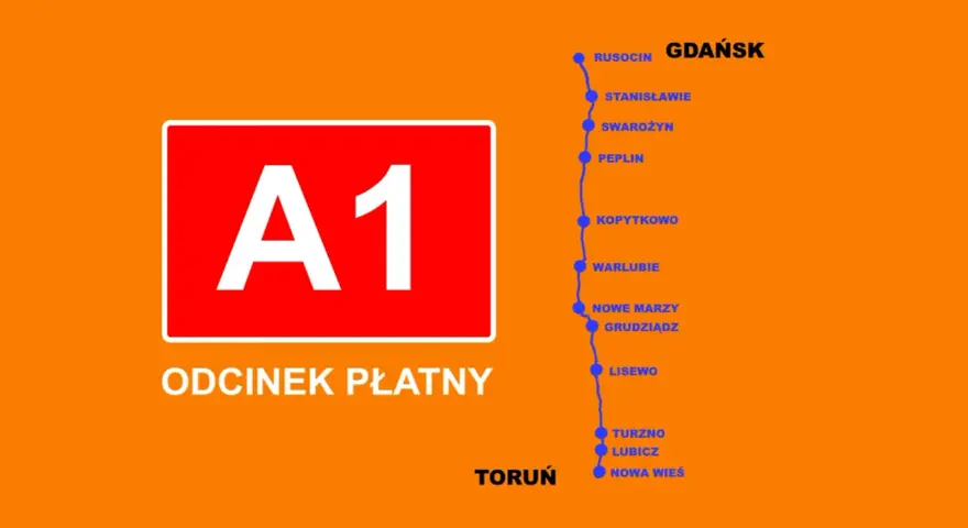 Mapa pokazuje płatny odcinek autostrady A1 od Torunia do Gdańska z zaznaczonymi miejscowościami.