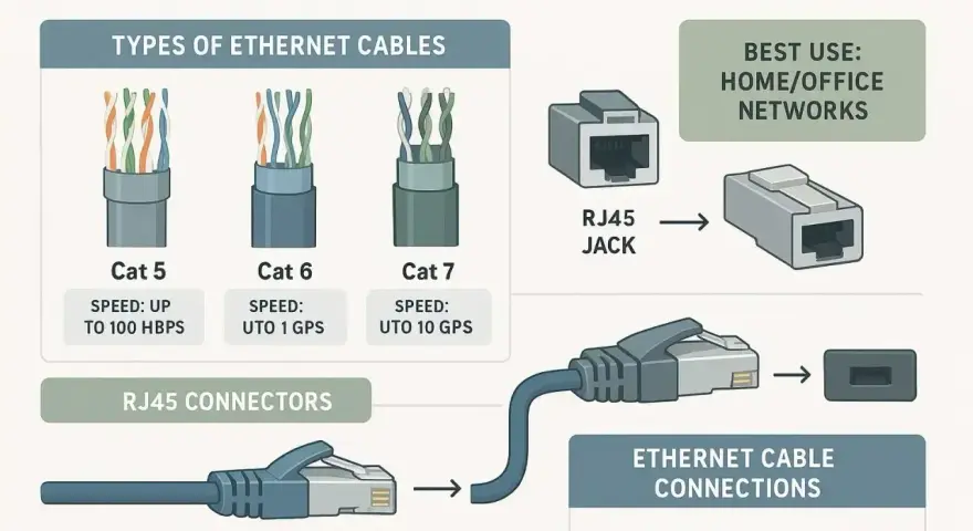 Ilustracja pokazuje różne typy kabli Ethernet (skrętka) Cat 5, 6, 7, złącza RJ45 i ich zastosowanie w sieciach domowych/biurowych.