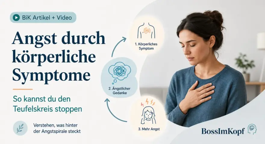 Frau mit Hand auf der Brust, die einen Teufelskreis aus körperlichen Symptomen, ängstlichen Gedanken und mehr Angst zeigt. Eine Gedankenstopp-Technik kann helfen.