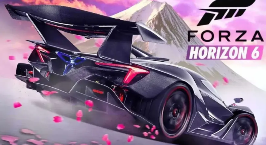 Un coche deportivo futurista con alerón, pétalos rosas volando y el logo de Forza Horizon 6. ¡Ya falta poco para cuando sale Forza Horizon 6!