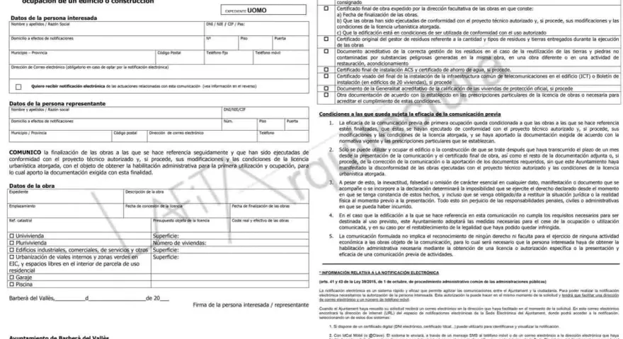 Formulario del Ayuntamiento de Barberà del Vallès para la comunicación previa de primera utilización y ocupación de un edificio, solicitando la **cédula de habitabilidad**.