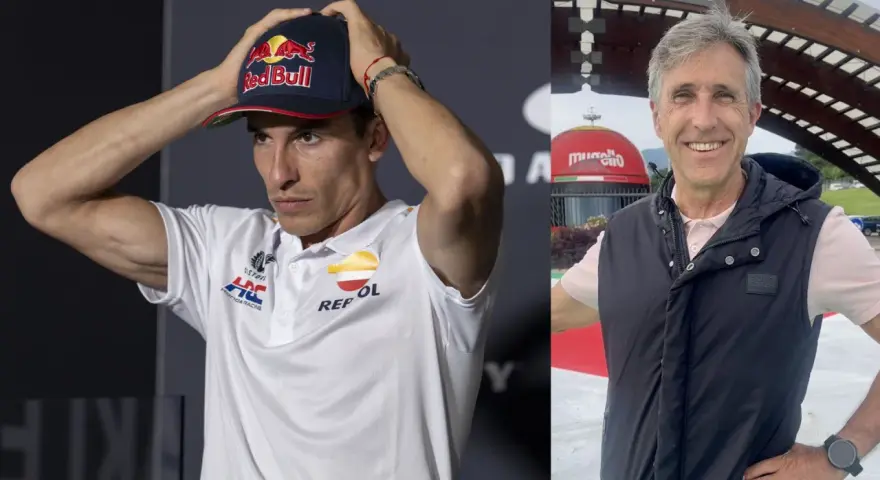 Marc Márquez con gorra Red Bull y un hombre sonriente, quizás Ricard Jove, con chaleco negro.