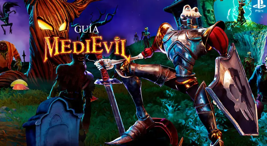 Guía MediEvil PS4: un caballero esquelético con armadura lucha contra zombis en un cementerio espeluznante.