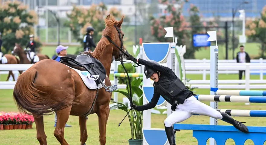 Une cavalière chute lors de l'épreuve d'équitation du pentathlon moderne, son cheval s'arrête brusquement.