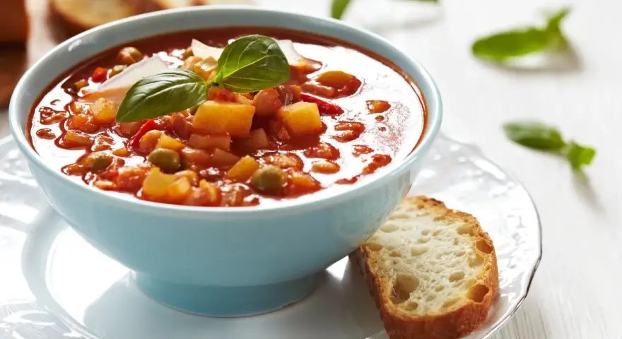 Aksamitna zupa solferino w błękitnej miseczce, ozdobiona bazylią i parmezanem, podana z chrupiącą grzanką.