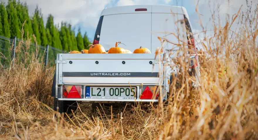Biała furgonetka z przyczepą pełną dyni, gotowa do transportu. Spedytor czeka na załadunek.