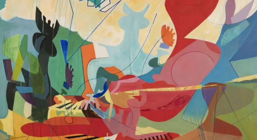 Pintura abstracta con formas orgánicas y líneas azules, que explora qué es el arte abstracto a través de colores vibrantes y composiciones dinámicas.